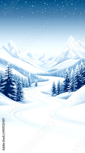 A snowy mountain landscape with a ski run in the middle