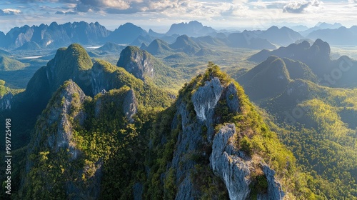 Bird's eye view of the rugged landscapes and mountain peaks in the Phou Khao Khouay National Park. photo