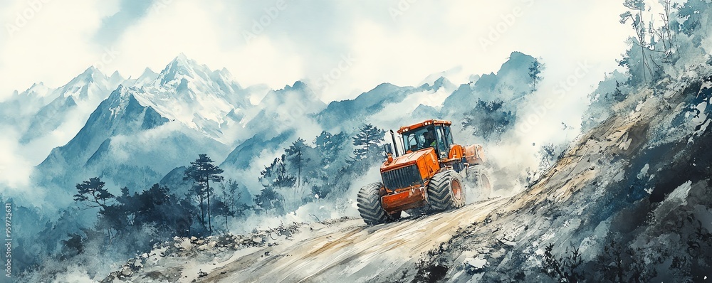 Road roller creating a new mountain trail, steep incline, adventurous spirit, watercolor style Road roller creating a new mountain trail, steep incline, adventurous spirit, watercolor style