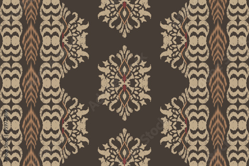 Embroidered Ikat flower pattern on a black background. Traditional ethnic ikat, Aztec abstract vector pattern, seamless pattern in tribal, folk embroidery and Mexican style.