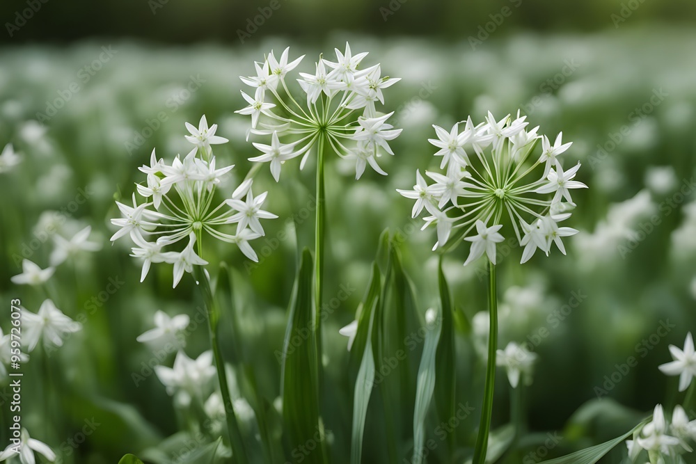 White wild garlic flowers with star shaped petals and green stems, AI Generated White wild garlic flowers with star shaped petals and green stems, AI Generated