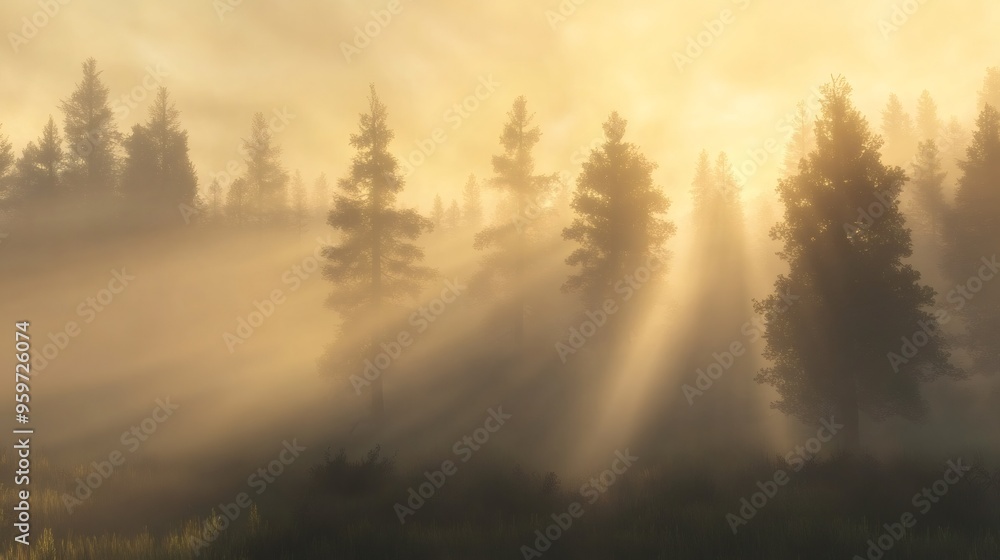 Silhouettes of trees in a foggy forest with sunlight breaking through the clouds. Silhouettes of trees in a foggy forest with sunlight breaking through the clouds.