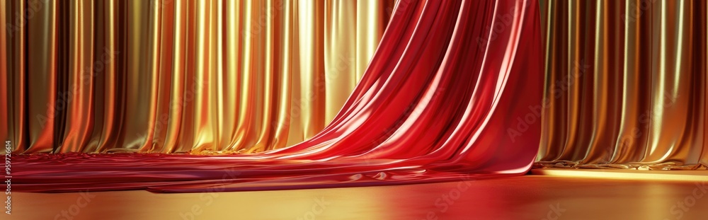 Fototapeta premium Podium draped in red fabric with a gold curtain in the background 3D illustration