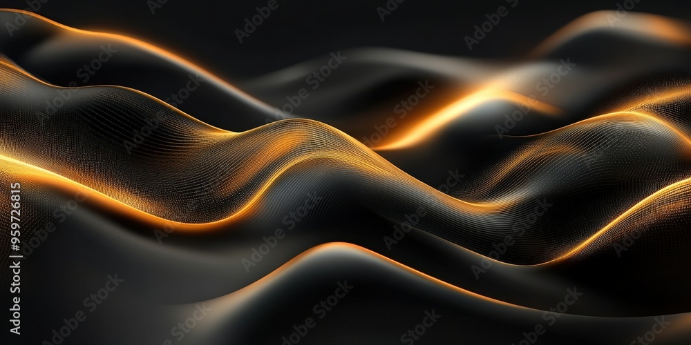 Abstract digital art with golden waves and black background, illuminated by numerous small sparkles. Abstract digital art with golden waves and black background, illuminated by numerous small sparkles.