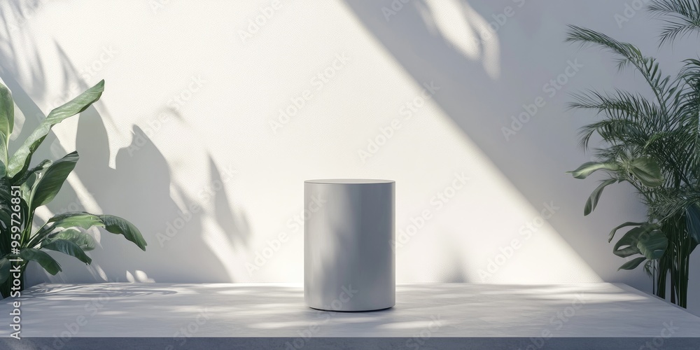 White 3D environment featuring a realistic gray cylindrical pedestal display White 3D environment featuring a realistic gray cylindrical pedestal display