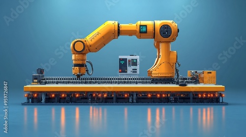 The Future of Automation: A sleek, yellow robotic arm performs a precise task on a conveyor belt, showcasing the power and efficiency of modern industrial technology. 