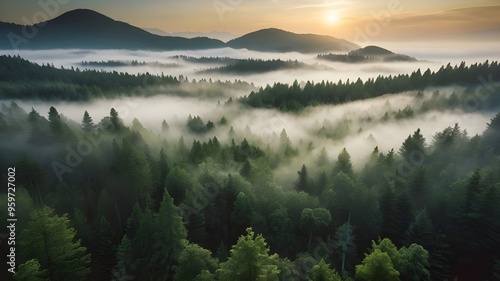 The scene captures the dense, lush green trees shrouded in a mystical layer of fog, creating a serene and tranquil atmosphere. 