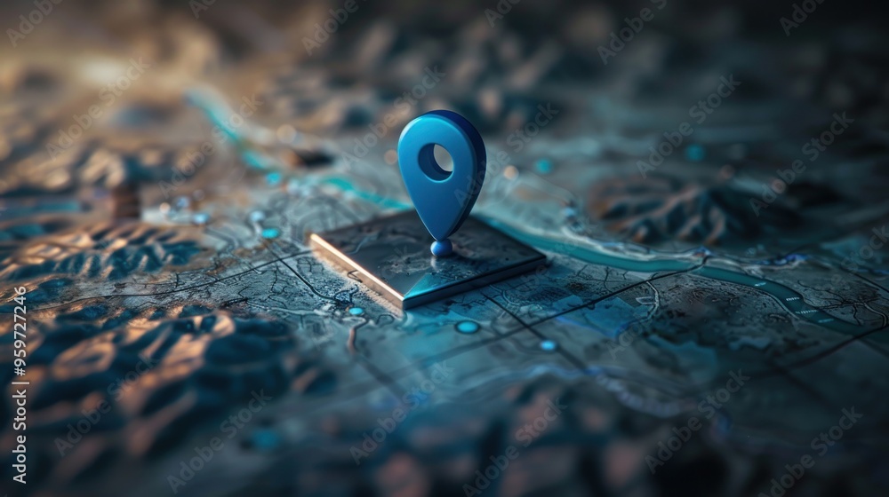 3D illustration of a blue location pin on a digital map background. Concept of navigation, geolocation, and location services. 3D illustration of a blue location pin on a digital map background. Concept of navigation, geolocation, and location services.