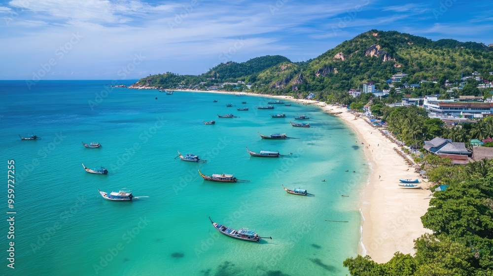 Bird's eye view of the turquoise waters and sandy shores of Hua Hin, with fishing boats anchored along the coast. Bird's eye view of the turquoise waters and sandy shores of Hua Hin, with fishing boats anchored along the coast.