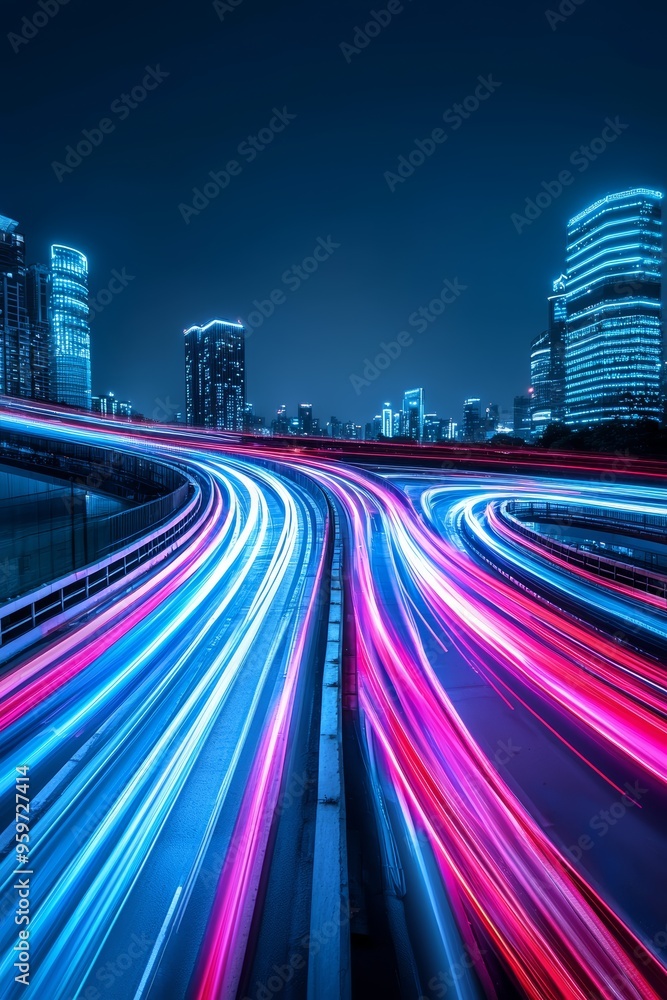 Obraz premium Glowing pathways connecting a digital metropolis, front view, highlighting the evolution of smart infrastructure, digital tone, Tetradic color scheme