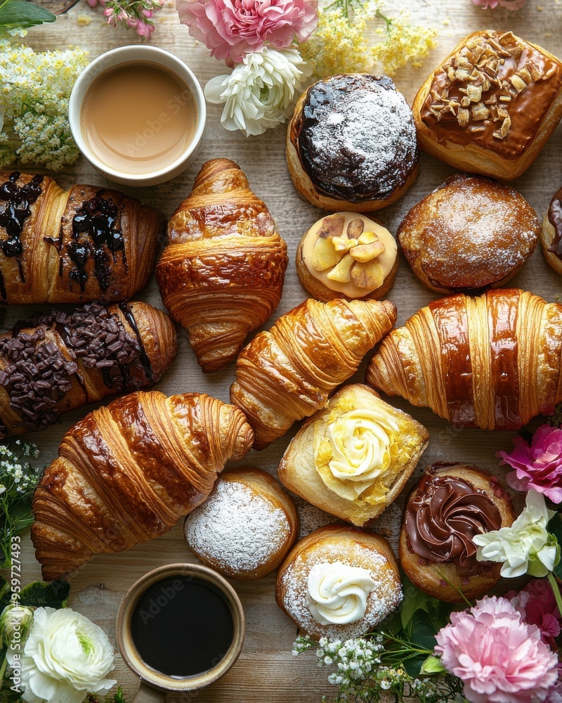 French Pastry Delight: A delectable spread of freshly baked croissants, pastries, and coffee, adorned with delicate flowers. A visual feast for the senses, perfect for cafes, bakeries, and breakfast. French Pastry Delight: A delectable spread of freshly baked croissants, pastries, and coffee, adorned with delicate flowers. A visual feast for the senses, perfect for cafes, bakeries, and breakfast.