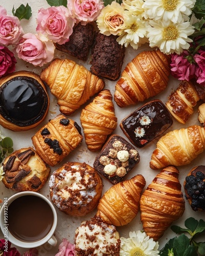 Sweet Morning Delights: A symphony of freshly baked pastries and aromatic coffee, adorned with delicate blooms, invites you to savor a delightful morning indulgence. 