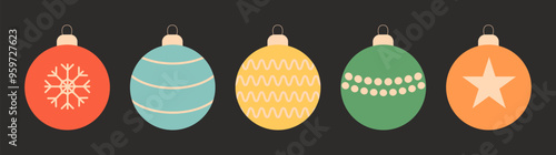 Christmas tree toy decoration. Christmas ball set. Round shape. Different color, pattern. Cute colorful bauble toy collection. Happy New Year sign symbol. Flat design. Black background Isolated Vector