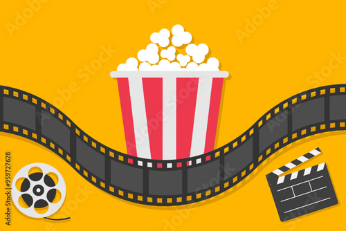 Film strip line. Open clapper board. Popcorn box icon set. Movie reel. Cinema festival. Movie night. Flyer, poster, banner, presentation template. Flat design. Yellow background. Vector illustration