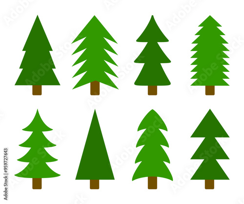 Fir tree green collection. Christmas tree set. Pine trees. New Year winter sign symbol. Different shape. Greeting card, banner, web, sticker print template. Flat design. White background. Vector