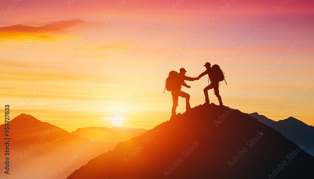 Silhouette of two hikers on a mountain ridge, one helping the other up, set against a vibrant sunrise, representing perseverance and support Silhouette of two hikers on a mountain ridge, one helping the other up, set against a vibrant sunrise, representing perseverance and support