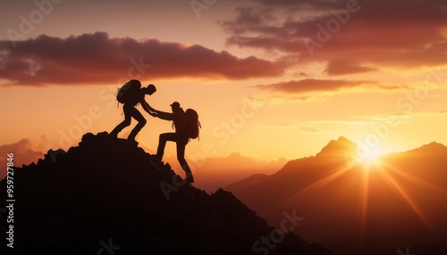 Silhouette of two hikers on a mountain ridge, one helping the other up, set against a vibrant sunrise, representing perseverance and support photo