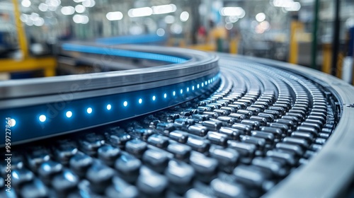 Industrial Conveyor Belt: A close-up of a modern industrial conveyor belt with blue lights illuminating the smooth, metallic surface, creating a sense of motion and efficiency. 