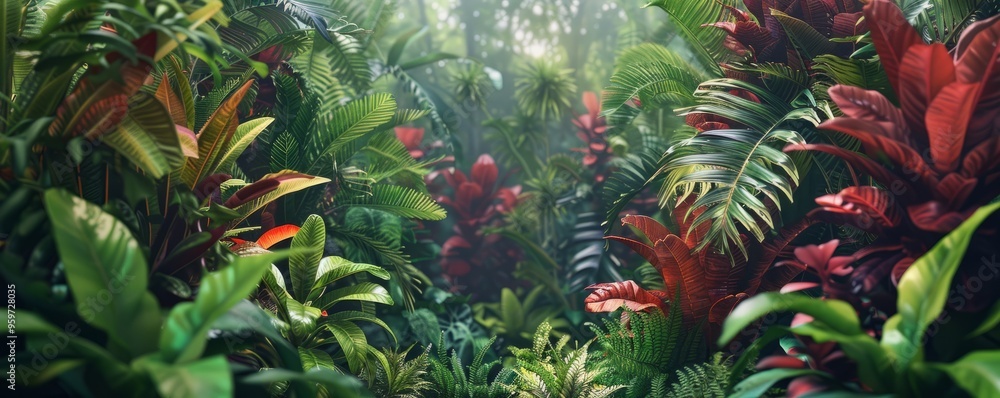 Lush rainforest with vibrant tropical plants, 4K hyperrealistic photo Lush rainforest with vibrant tropical plants, 4K hyperrealistic photo