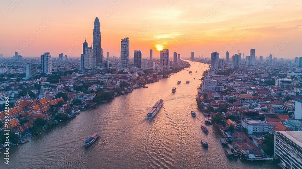 Fototapeta premium Top view of Bangkoks Chao Phraya River, with boats cruising between modern skyscrapers and historic temples at sunset.