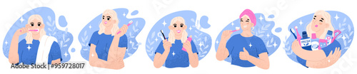 Set of illustrations with a blonde girl taking care of her teeth. Feeling clean after a bath. Daily body care routine. Personal oral hygiene. Prevention of caries. Vector illustration in cartoon style