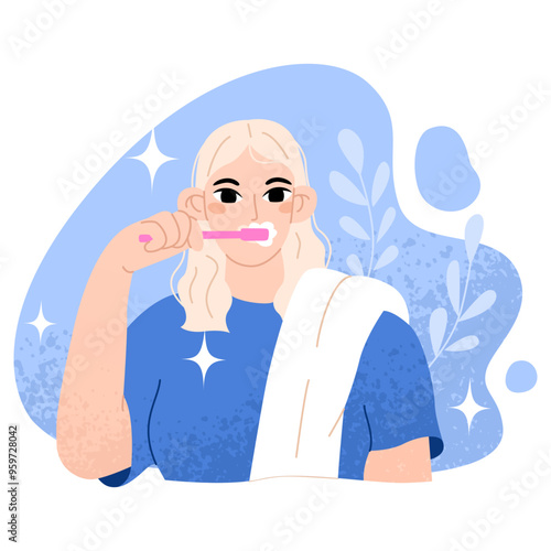 Girl brushing teeth with towel on shoulder. Daily body care routine. Personal oral hygiene. Caries prevention. Vector illustration in cartoon style.