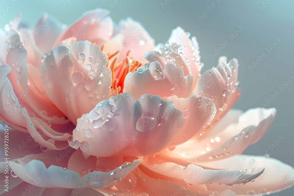 Delicate Pink Flower with Dew Drops Glimmering in Soft Light Delicate Pink Flower with Dew Drops Glimmering in Soft Light