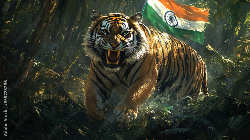 Majestic Bengal tiger against Indian flag backdrop symbolizing national pride and wildlife conservation efforts Majestic Bengal tiger against Indian flag backdrop symbolizing national pride and wildlife conservation efforts