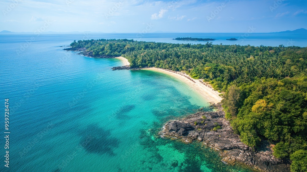 Top view of Koh Thmei, with its turquoise waters, sandy beaches, and dense forests teeming with wildlife. Top view of Koh Thmei, with its turquoise waters, sandy beaches, and dense forests teeming with wildlife.