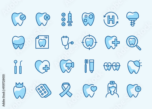 Dental icon set. containing tooth, dentist, toothpaste, toothbrush, teeth, implant and dentistry icons. can be used in children dentist clinic. medical health and dentistry concept.