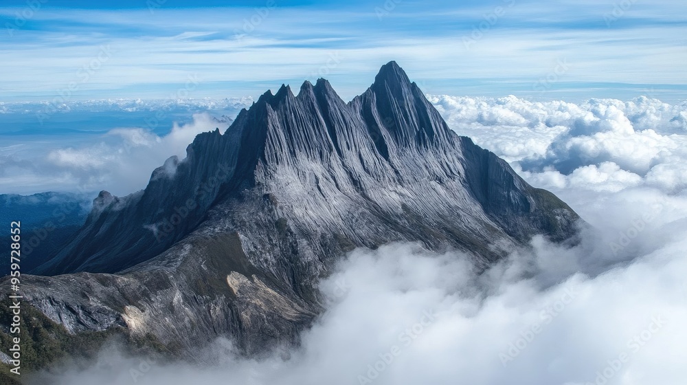 Obraz premium Top view of Mount Kinabalu's jagged granite peaks rising above swirling clouds in Sabah, Borneo.