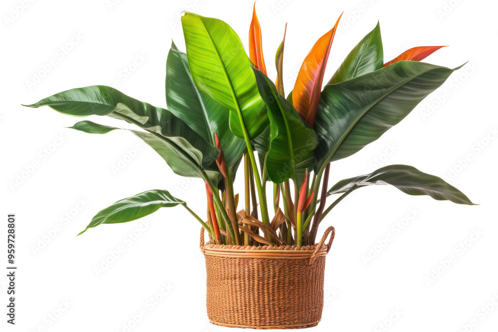 A tall bird of paradise plant with large, colorful leaves in a woven basket, isolated on white background A tall bird of paradise plant with large, colorful leaves in a woven basket, isolated on white background