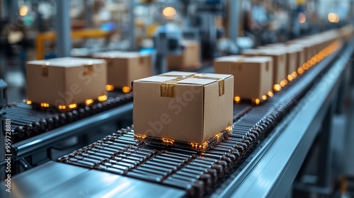 Precision on the Production Line: Cardboard boxes journey through a brightly lit factory, embarking on their automated distribution voyage.