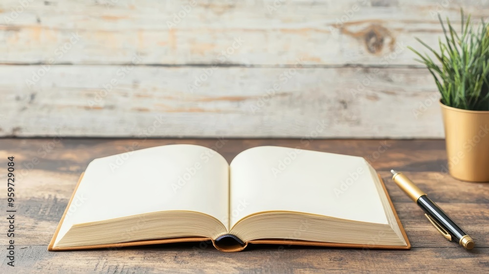 Open book with blank pages on wooden table next to a pen and potted plant. Perfect for writing, journaling, and creativity