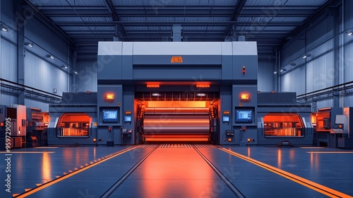 Industrial Automation: A futuristic, high-tech factory interior showcasing a massive, automated industrial machine with glowing orange rollers in operation. The scene evokes a sense of precision, effi photo