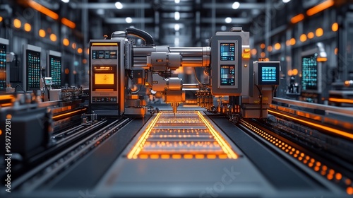 Futuristic Assembly Line: An advanced robotic arm operates within a sleek and modern factory setting, showcasing the automation of industrial processes and the integration of technology in manufacturi