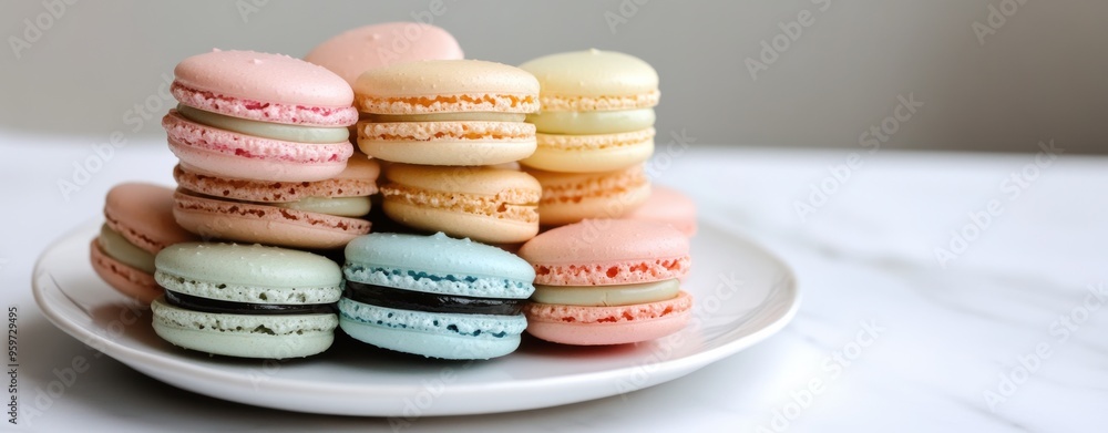 Fototapeta premium Pastel Macaron Delights: A tempting stack of colorful macarons arranged artfully on a white plate, ready to satisfy your sweet cravings.