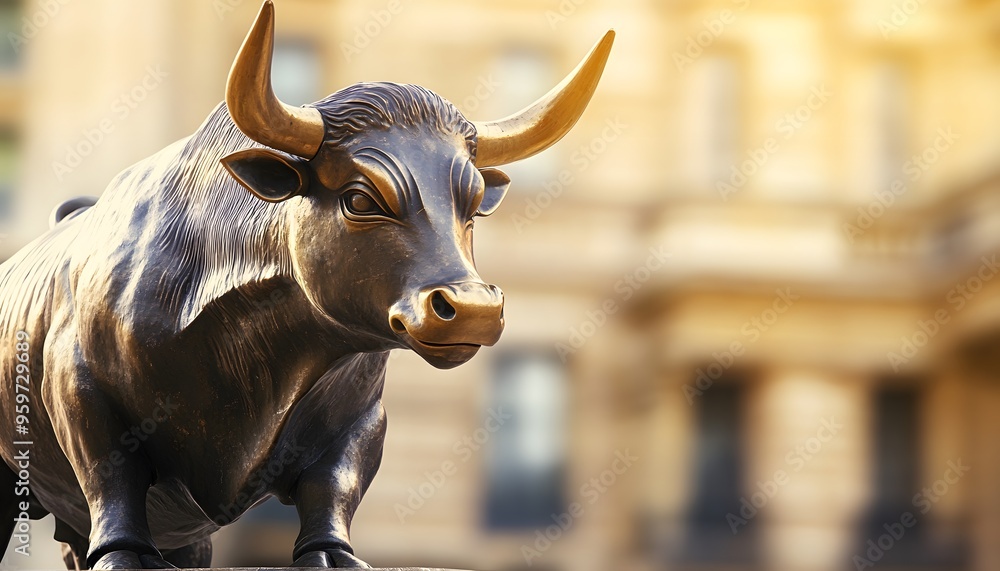 Close-up of a Bronze Bull Statue with Golden Horns Close-up of a Bronze Bull Statue with Golden Horns