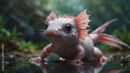 A beautifully detailed shot of a small, sweet-looking axolotl with soft, shimmering colors