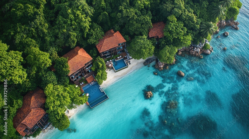 Top view of the azure waters of Perak's Pangkor Laut Island, with luxury villas nestled among the trees. Top view of the azure waters of Perak's Pangkor Laut Island, with luxury villas nestled among the trees.