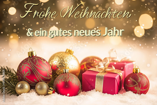 Christmas and New Year greetings: Christmas decoration with the text FROHE WEIHNACHTEN UND EIN GUTES NEUES JAHR (A.I.-generated) photo