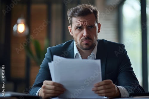 Business man sitting at a desk frowning while holding a document after a rejection