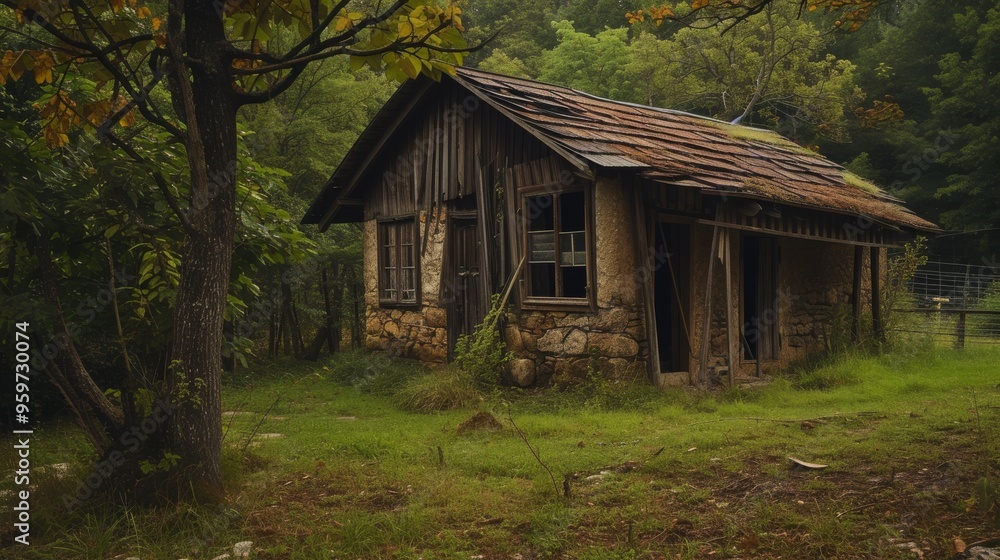 An old, weathered cabin nestled in a dense forest. The rustic structure, surrounded by lush greenery and tall trees, exudes a peaceful, timeless charm, perfect for a secluded retreat into nature. An old, weathered cabin nestled in a dense forest. The rustic structure, surrounded by lush greenery and tall trees, exudes a peaceful, timeless charm, perfect for a secluded retreat into nature.