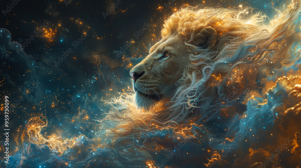 Naklejka premium Majestic Leo Zodiac Lion in Celestial Clouds 