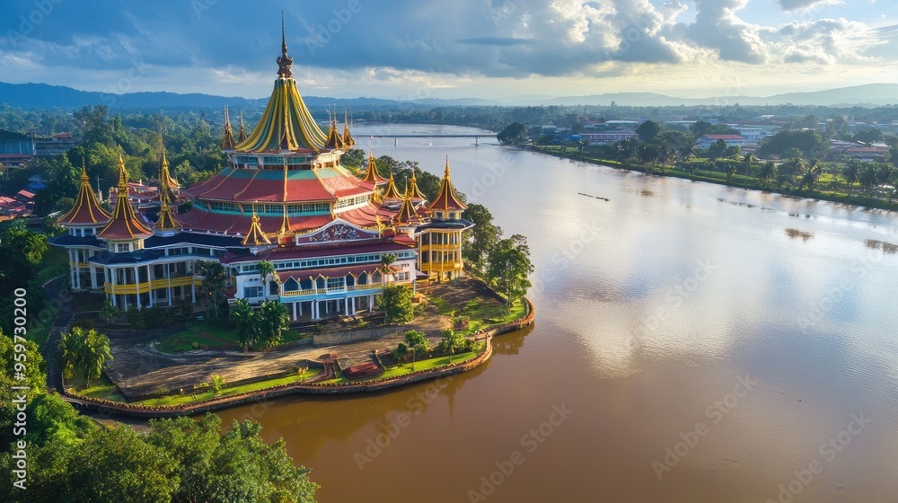 Fototapeta premium Top view of the colorful Sarawak State Legislative Assembly Building, standing majestically along the Sarawak River.