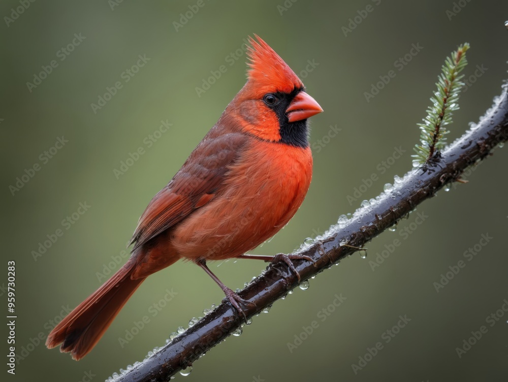 A male Northern Cardinal perched on a branch with a blurred green background. A male Northern Cardinal perched on a branch with a blurred green background.