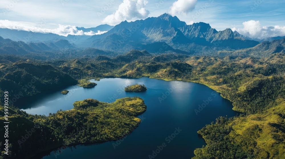 Top view of the diverse landscapes of West Papua, with its jagged mountains, crystal lakes, and dense jungles. Top view of the diverse landscapes of West Papua, with its jagged mountains, crystal lakes, and dense jungles.