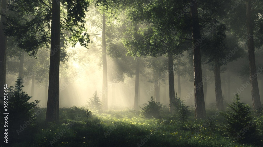 Sunbeams break through the mist in a dense forest, illuminating a carpet of yellow wildflowers on the forest floor. Sunbeams break through the mist in a dense forest, illuminating a carpet of yellow wildflowers on the forest floor.