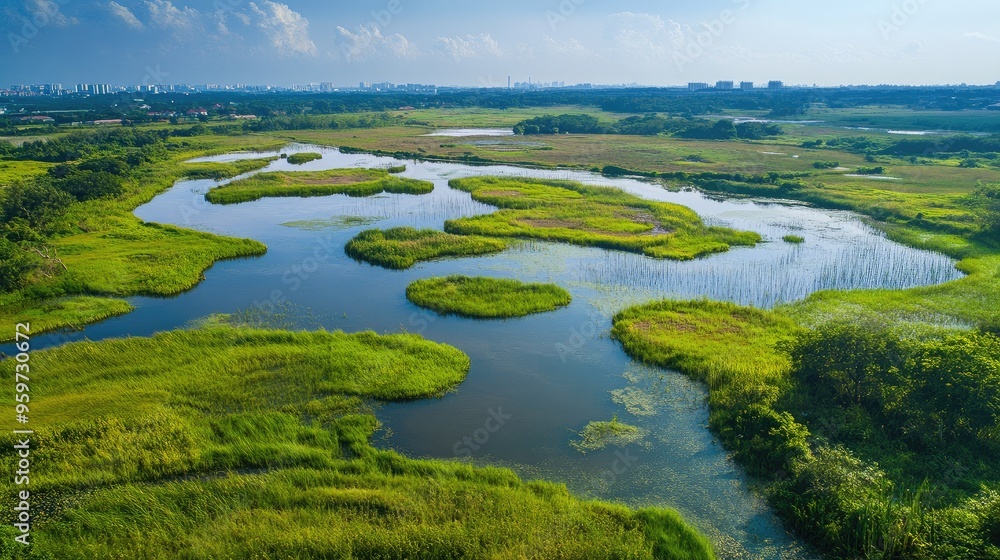 Top view of the expansive fields and water bodies of Kranji Marshes, a haven for birdwatchers and nature lovers. Top view of the expansive fields and water bodies of Kranji Marshes, a haven for birdwatchers and nature lovers.