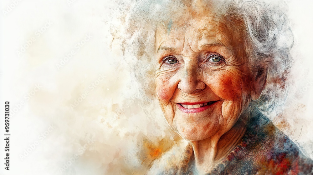 Watercolor illustration of a happy smiling old woman with colorful paint splashes isolated on white background Watercolor illustration of a happy smiling old woman with colorful paint splashes isolated on white background